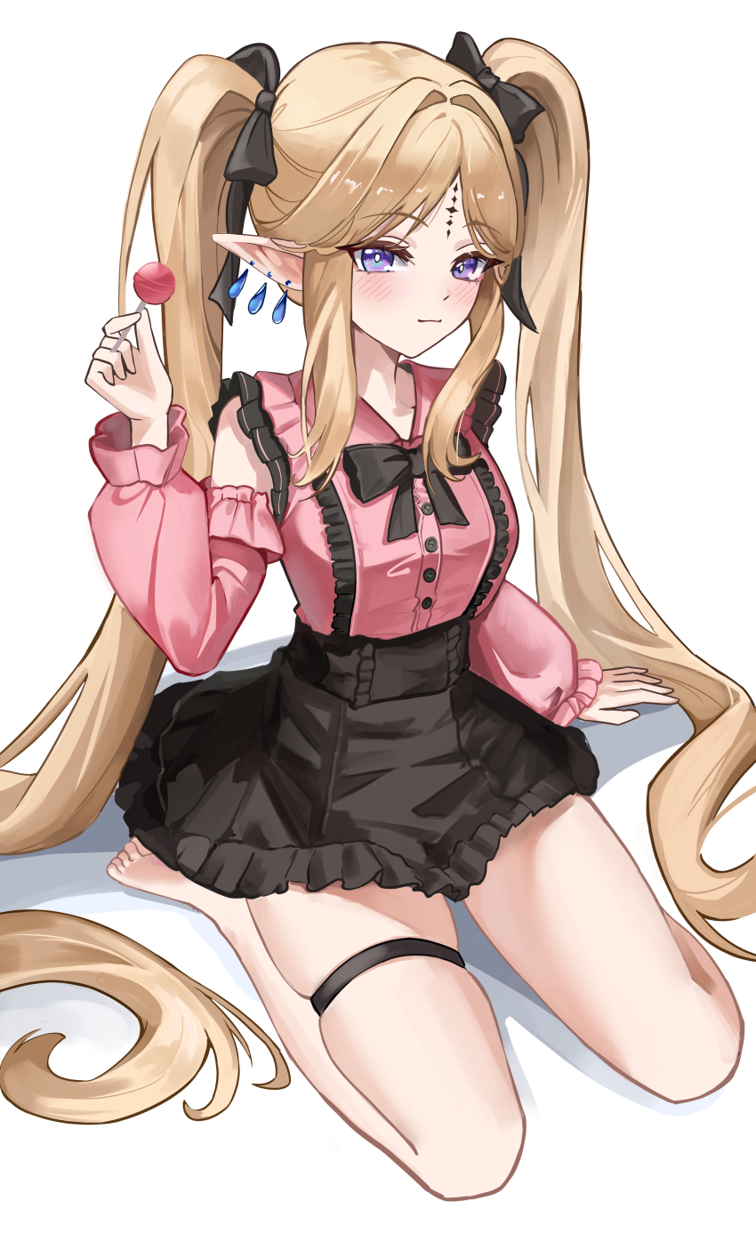 1girl absurdres alternate_costume bare_legs barefoot black_bow black_bowtie black_skirt blonde_hair blush bow bowtie breasts candy cartethyia_(wuthering_waves) closed_mouth commentary detached_sleeves earrings feet food hair_bow hair_intakes highres holding holding_candy holding_food holding_lollipop jewelry jirai_kei legs light_smile lollipop long_hair long_sleeves looking_at_viewer luto medium_breasts multiple_hair_bows parted_bangs pink_shirt pointy_ears purple_eyes shirt sidelocks simple_background sitting skirt soles solo tacet_mark_(wuthering_waves) thigh_strap thighs toes twintails very_long_hair white_background wuthering_waves