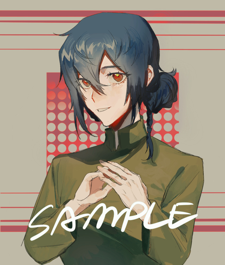 1girl beiquqian blue_hair braid chinese_commentary commentary_request eyelashes green_shirt grin hair_between_eyes hair_bun hands_up highres long_sleeves original red_eyes sample_watermark second-party_source shirt short_hair single_braid single_hair_bun smile solo upper_body watermark