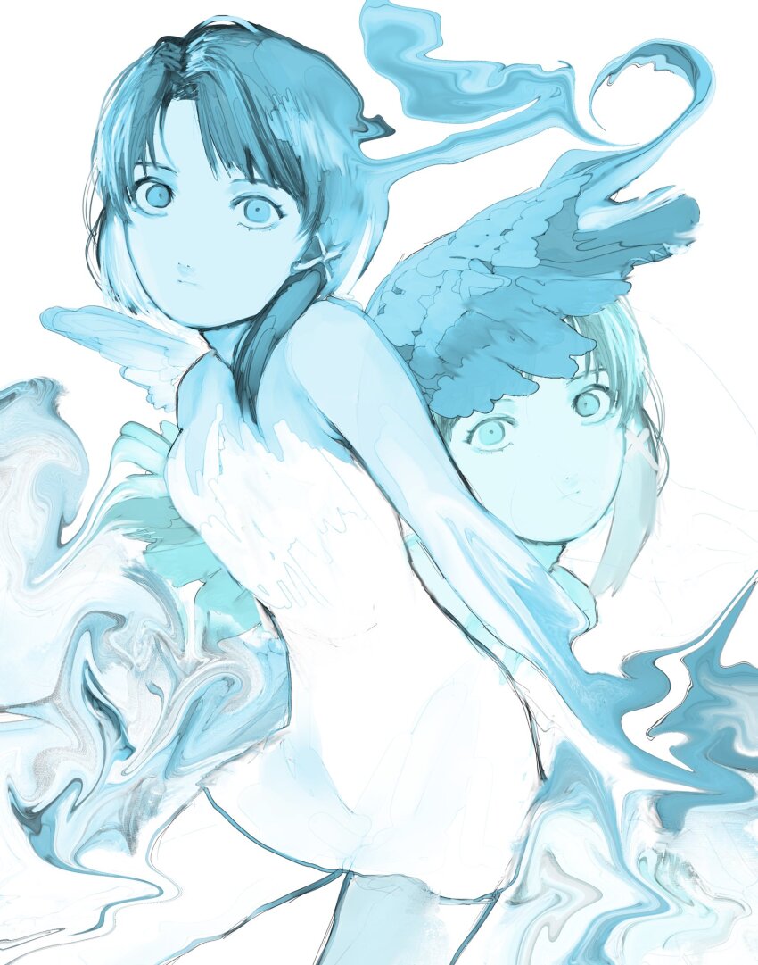 1girl blue_theme closed_mouth dress hair_ornament highres iwakura_lain karasumaichiu looking_at_viewer monochrome serial_experiments_lain short_hair simple_background single_sidelock solo swirl white_background white_dress wide-eyed wings x_hair_ornament