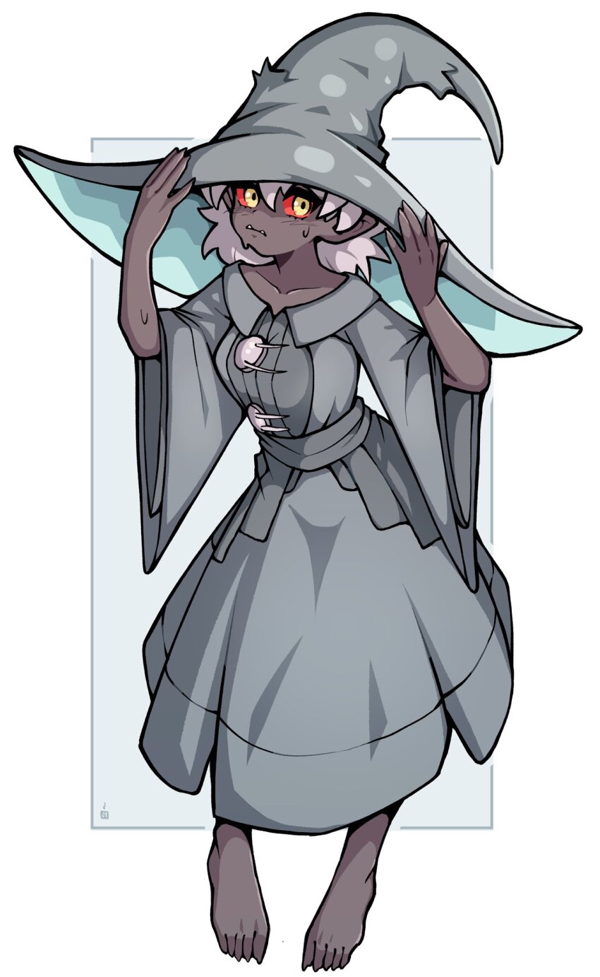 1girl barefoot breasts closed_mouth colored_sclera colored_skin commentary commission dark_skin dress english_commentary full_body grey_dress grey_hair grey_hat hair_between_eyes hands_on_headwear hat highres looking_at_viewer oninuer original oversized_hat red_sclera short_hair simple_background small_breasts solo sweat toes tusks white_background wide_sleeves witch_hat yellow_eyes