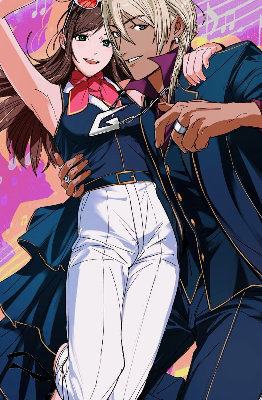 1boy 1girl ace_attorney alternate_costume amikoiiko ankle_ribbon apollo_justice:_ace_attorney arm_around_shoulder armpits beamed_eighth_notes belt belt_buckle black_ribbon black_shoes blonde_hair blue_belt blue_eyes blue_jacket blue_pants blue_vest brown_hair buckle chain chain_necklace commentary cowboy_shot dark-skinned_male dark_skin drill_hair drop_shadow earrings eighth_note ema_skye eyewear_on_head fingernails frilled_skirt frills green_eyes hand_on_another&#039;s_waist high_heels highres idol_clothes initial jacket jewelry klavier_gavin lapels leg_ribbon lifting_person long_hair long_sleeves looking_at_viewer middle_ring mismatched_eyebrows multiple_rings musical_note musical_staff neckerchief necklace notched_lapels open_mouth pants pants_rolled_up pink_background pleated_pants popped_collar purple_shirt red_neckerchief ribbon ring shirt shoes showgirl_skirt single_earring skirt sleeveless sleeveless_shirt smile suit_jacket sunglasses symbol-only_commentary teeth thumb_ring tinted_eyewear upper_teeth_only vest waistcoat white_pants
