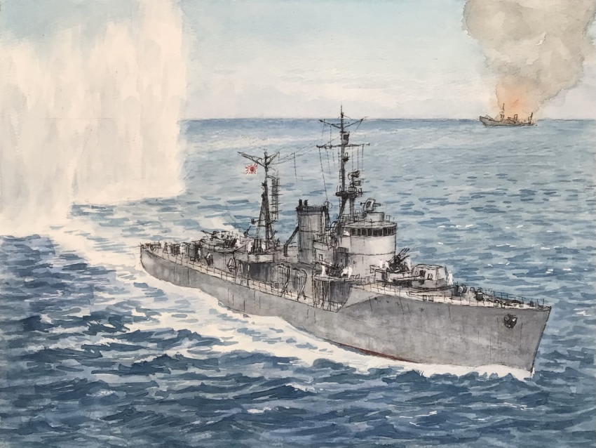 anti-aircraft anti-aircraft_gun atelier_bono blue_sky cloud commentary_request depth_charge fire highres imperial_japanese_navy mast military_vehicle ocean original painting_(medium) rising_sun_flag sailing ship sinking sky smoke smokestack sunburst traditional_media tsushima_(coastal_defense_ship) type_96_aa_gun under_fire warship watercolor_(medium) watercraft waves world_war_ii