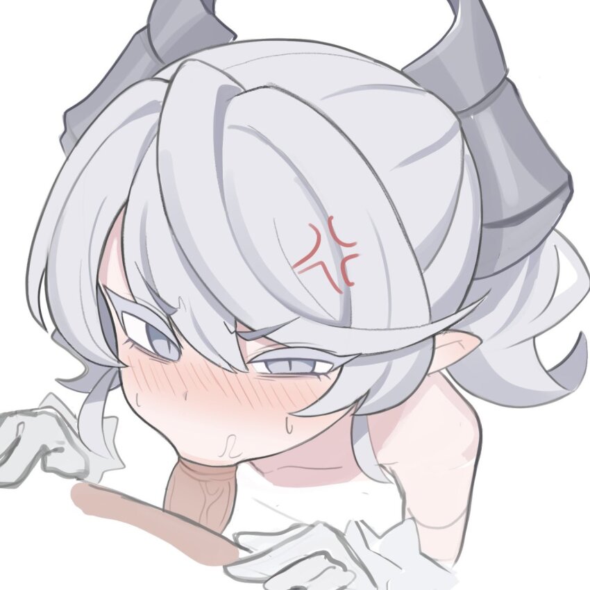 1boy 1girl anger_vein demon_girl demon_horns drill_hair duel_monster fellatio green_eyes grey_hair hetero highres horns ketsu_juuji_killer_(kejuki) lovely_labrynth_of_the_silver_castle oral pointy_ears simple_background solo_focus twin_drills white_background yu-gi-oh!