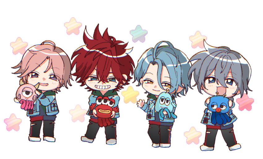 4boys amagi_rinne black_pants chibi chibi_only crazy_b_(ensemble_stars!) denim denim_jacket ensemble_stars! full_body happy highres himeru_(ensemble_stars!) holding hood hood_down hoodie jacket jacket_over_hoodie kyoumowakahara male_focus matching_outfits multiple_boys open_clothes open_jacket oukawa_kohaku pants pixel_art_inset pixel_star shiina_niki shoes side-by-side simple_background stuffed_alien torn_clothes torn_pants white_background white_footwear