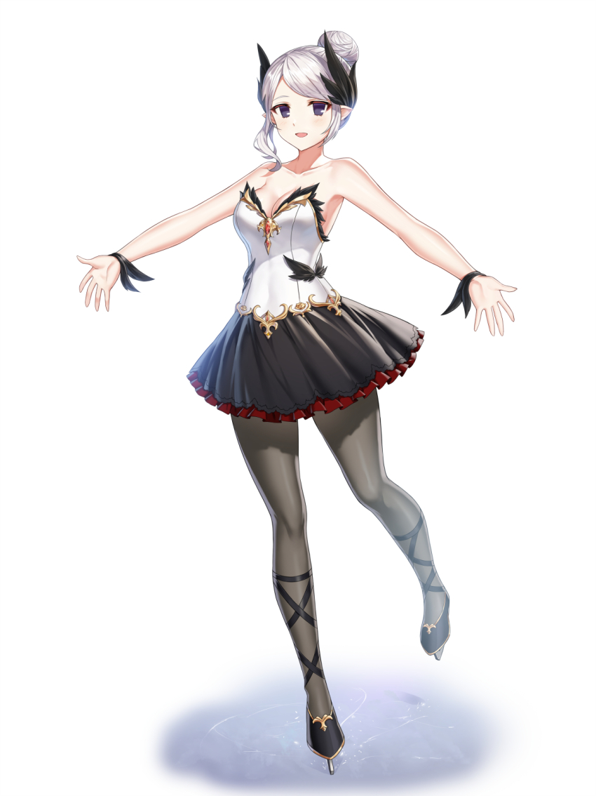 1girl :d bare_arms bare_shoulders black_dress black_feathers black_footwear black_pantyhose black_ribbon black_wrist_cuffs breasts cleavage closers collarbone dress feather_hair_ornament feathers figure_skating figure_skating_dress frilled_dress frills full_body fur_wrist_cuffs hair_bun hair_ornament highres ice ice_skates ice_skating leg_ribbon leg_up levia_(closers) looking_at_viewer medium_breasts no_pupils official_art open_mouth outstretched_arms pantyhose purple_eyes ribbon short_dress skates skating smile solo spread_arms standing standing_on_one_leg strapless strapless_dress two-tone_dress white_background white_dress white_hair wrist_cuffs