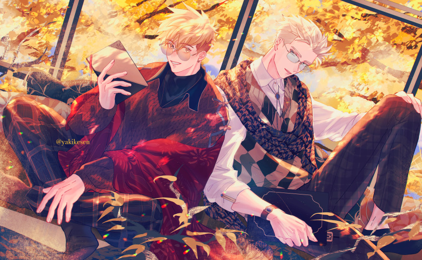 2boys absurdres black_pants black_scarf black_shirt black_vest blonde_hair blue_eyes bolo_tie book brothers collared_shirt cowboy_shot glasses hand_up highres holding holding_book jacket jewelry knee_up long_sleeves looking_at_viewer male_focus millions_knives mole mole_under_eye multiple_boys necklace pants parted_lips plaid_clothes plaid_pants red_jacket round_eyewear scarf shirt short_hair siblings sitting smile tree trigun trigun_stampede twitter_username undercut vash_the_stampede vest watch white_shirt wristwatch yakikesen
