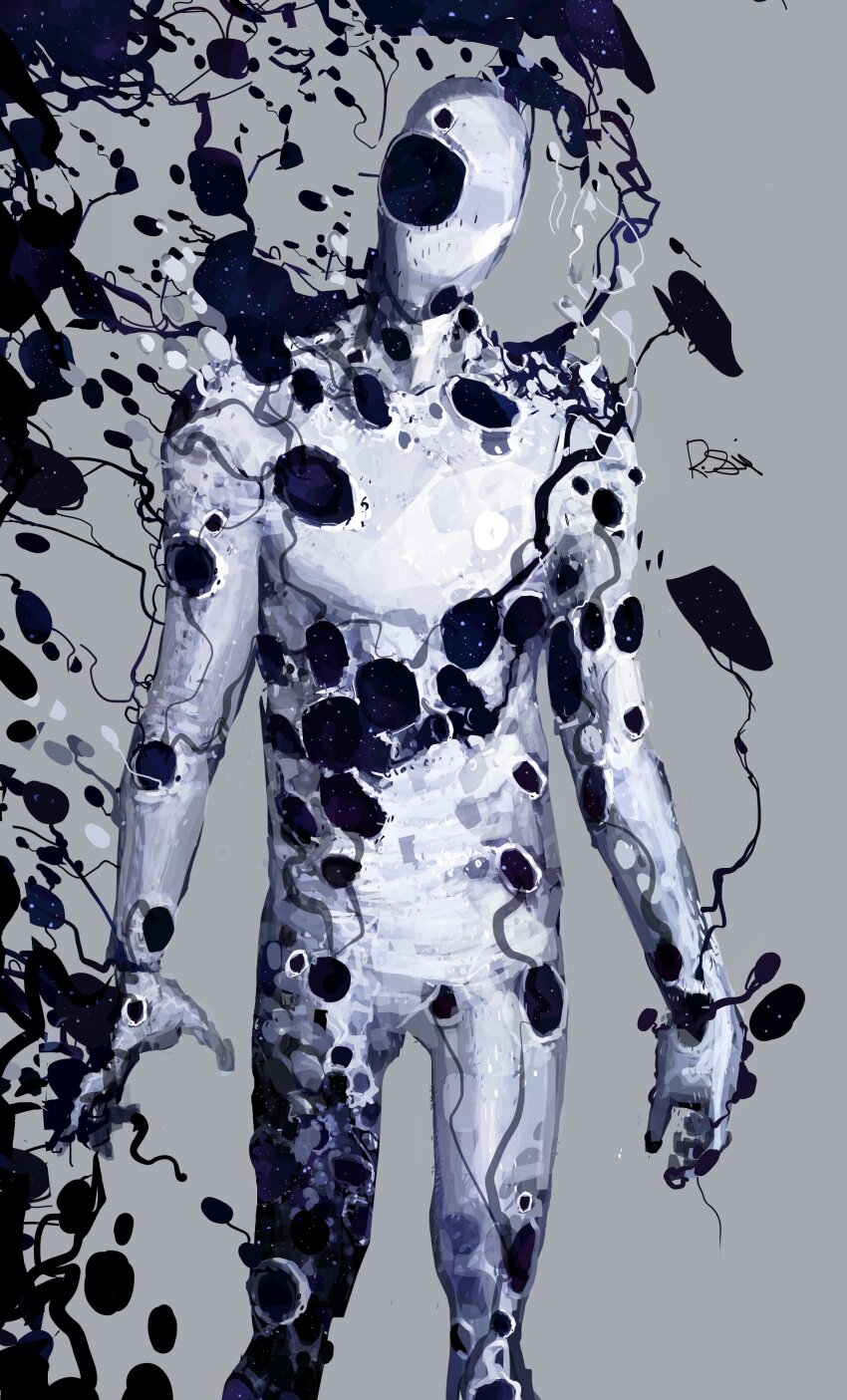 1boy absurdres colored_skin faceless highres looking_at_viewer male_focus marvel rxzarx signature simple_background solo spider-man:_across_the_spider-verse spider-man_(series) spider-verse spot_(marvel) spots white_skin
