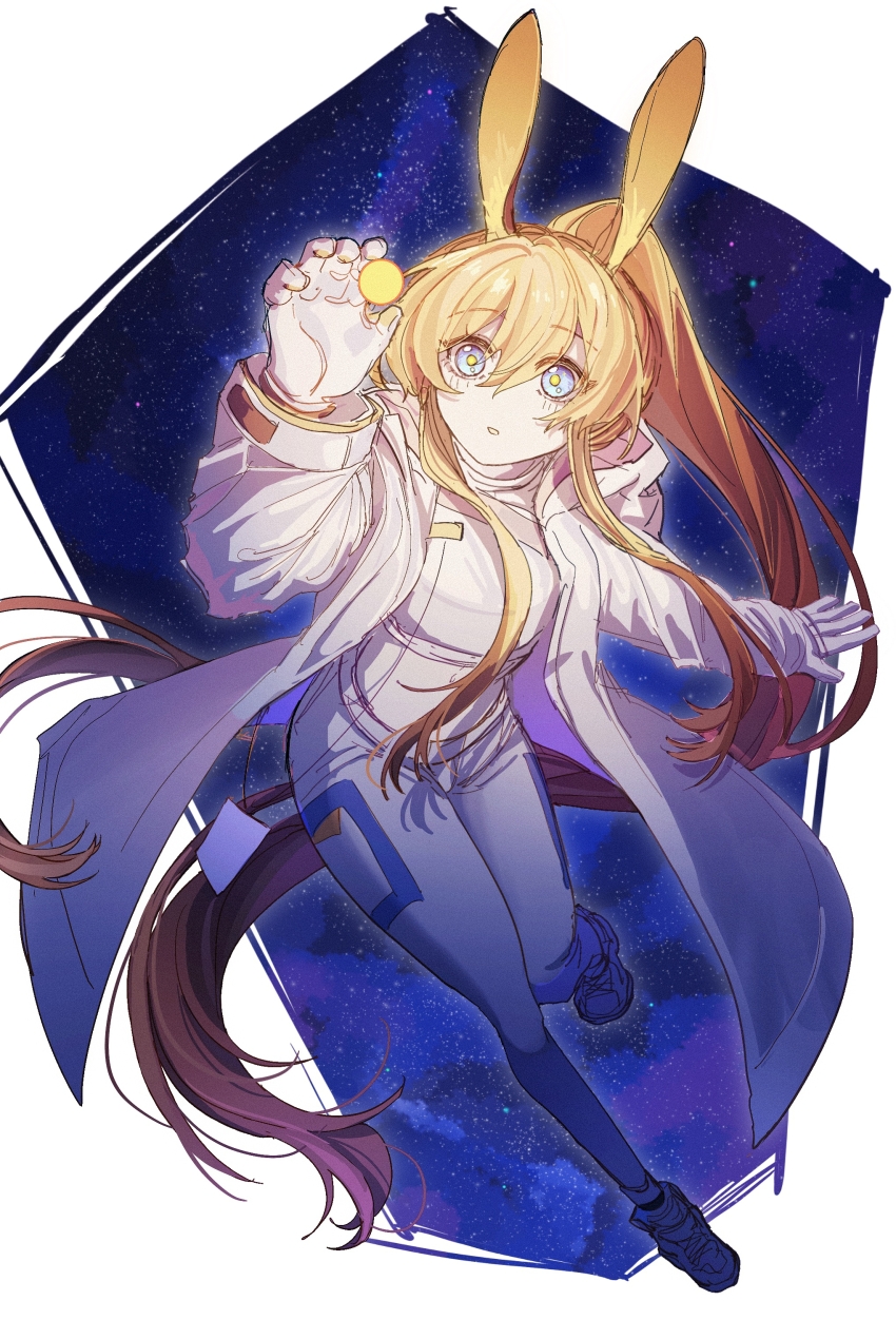 1girl absurdres amiya_(arknights) amiya_(guard)_(arknights) amiya_(guard)_(touch_the_stars)_(arknights) animal_ears arknights arm_up blonde_hair blue_eyes border brown_hair chinese_commentary coat commentary_request floating_hair full_body gloves gradient_hair hair_between_eyes highres leggings long_hair long_sleeves looking_up multicolored_hair official_alternate_costume open_clothes open_coat outside_border parted_lips solo star_(sky) starry_sky_background very_long_hair wangchuan white_border white_coat white_gloves white_leggings yellow_pupils