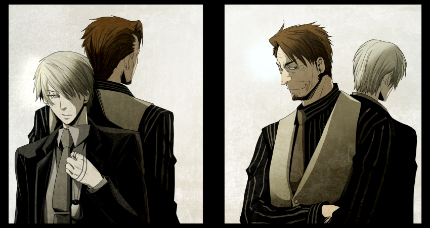 2boys back-to-back beard_stubble black_skirt blazer blue_eyes brown_eyes brown_hair crossed_arms daniel_monroe delico_(gangsta) dog_tags dress_shirt facial_hair gangsta grey_hair grey_shirt hair_over_one_eye highres holding_dog_tags jacket mafia male_focus multiple_boys necktie open_clothes open_jacket shirt short_hair skirt striped_clothes striped_shirt stubble tie_clip vainback vest white_background white_vest