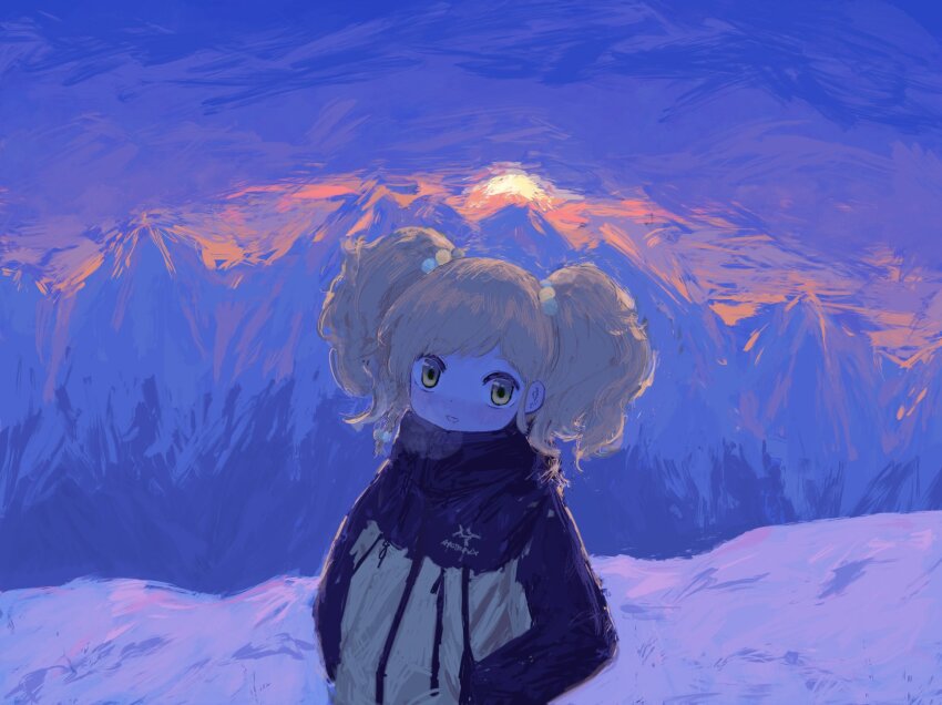 1girl aikatsu!_(series) aikatsu_stars! bad_id bad_twitter_id blonde_hair breath hair_bobbles hair_ornament hands_in_pockets highres jacket long_sleeves looking_at_viewer masimaro_tan mountain nikaido_yuzu outdoors sky smile snow solo sun twintails upper_body winter winter_clothes