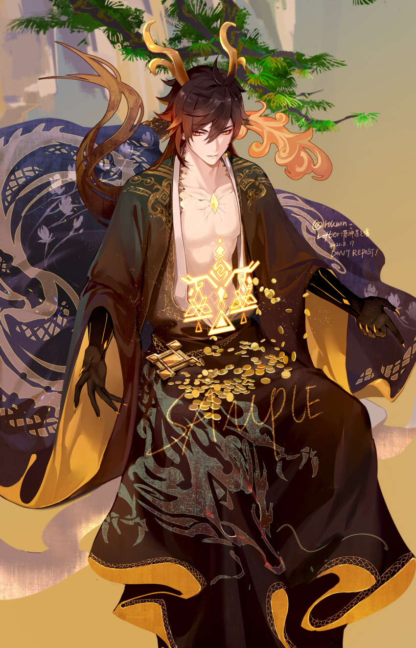 1boy arm_tattoo branch brown_hair chinese_clothes coin collarbone commentary cracked_skin dragon_boy dragon_horns dragon_print dragon_tail earrings falling_money fangs genshin_impact gradient_hair hair_between_eyes highres horns jewelry light_particles long_hair long_sleeves male_focus multicolored_hair open_mouth orange_hair rokuon scales simple_background single_earring solo symbol symbol-only_commentary tail tassel tassel_earrings tattoo wide_sleeves yellow_eyes zhongli_(genshin_impact)