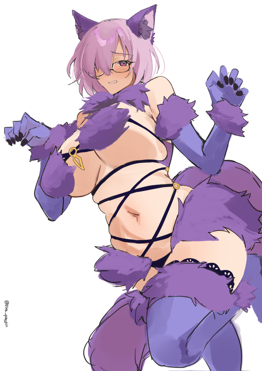 1girl absurdres animal_ears breasts elbow_gloves fate/grand_order fate_(series) fur-trimmed_gloves fur-trimmed_legwear fur_bikini fur_collar fur_trim glasses gloves halloween_costume highres lace lace-trimmed_legwear lace_trim large_breasts looking_at_viewer mash_kyrielight mash_kyrielight_(dangerous_beast) navel o-ring o-ring_top pinepin purple_eyes purple_gloves purple_tail purple_thighhighs revealing_clothes short_hair solo tail thighhighs wolf_ears wolf_tail
