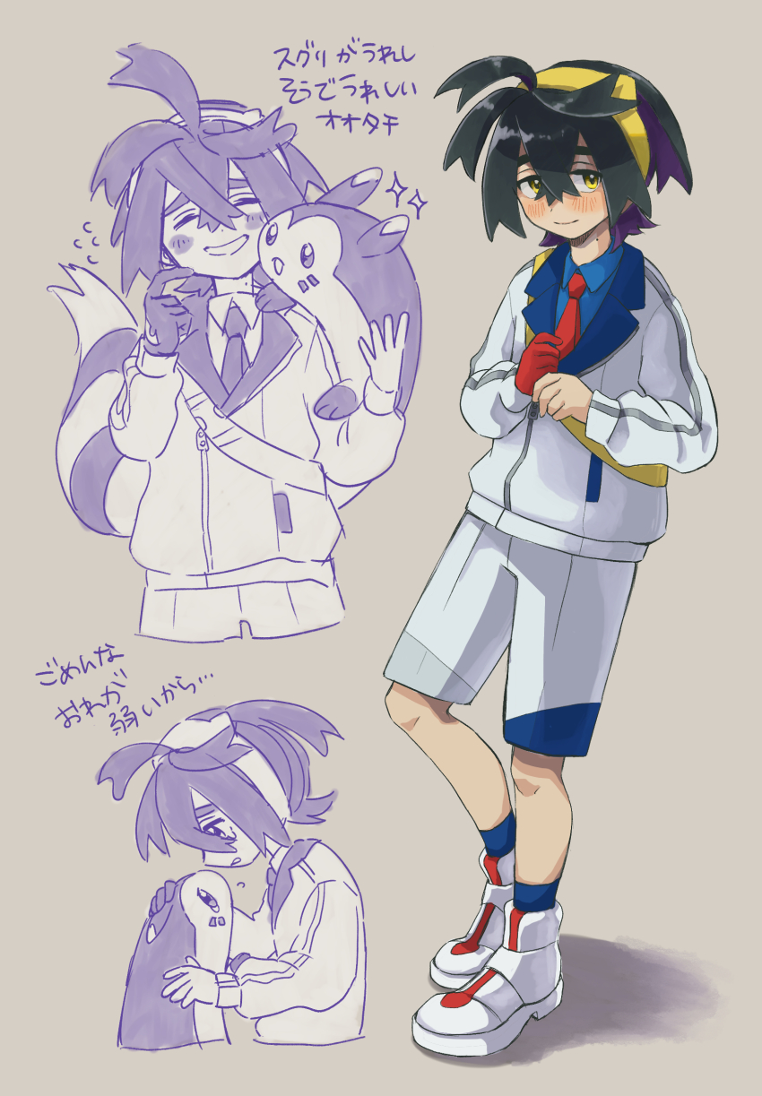 1boy black_hair blue_shirt blue_socks blush closed_mouth collared_shirt commentary_request crossed_bangs furret gen_2_pokemon gloves hair_between_eyes hairband highres jacket kanchan_kani kieran_(pokemon) knees long_sleeves male_focus multiple_views necktie nintendo pokemon pokemon_(creature) pokemon_sv red_gloves red_necktie shirt shoes short_hair shorts single_glove smile socks sparkle translation_request white_footwear white_jacket white_shorts yellow_eyes yellow_hairband