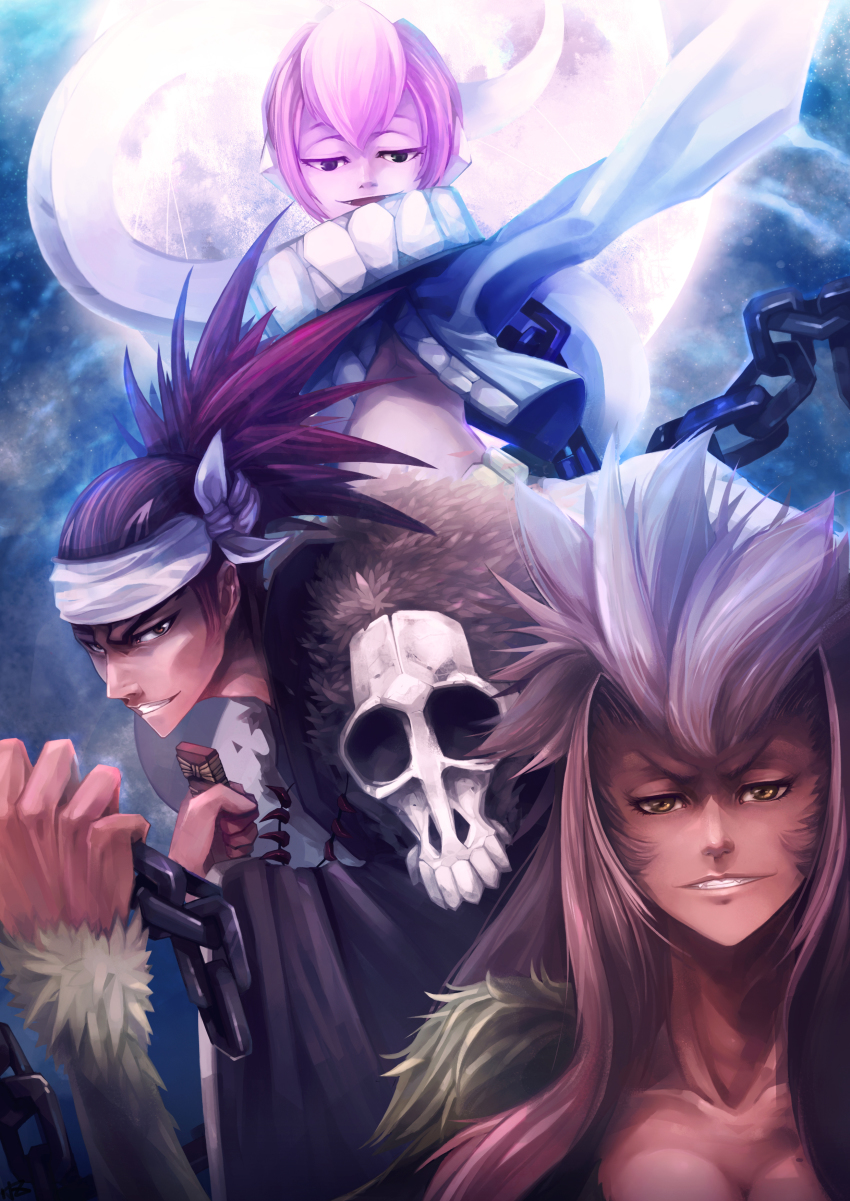 1girl 2boys abarai_renji absurdres bad_id bad_pixiv_id bandana big_hair black_kimono bleach bleach:_zanpakutou_ibun_hen breasts chain cleavage fangs full_moon furrowed_brow green_eyes highres holding holding_chain japanese_clothes kimono large_breasts long_hair looking_at_viewer luckiiy moon multiple_boys night night_sky orange_eyes pink_hair red_hair shinigami short_hair skull sky smile star_(sky) starry_sky sword weapon yellow_eyes zabimaru