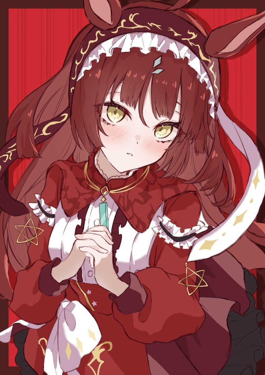 1girl ahoge blunt_bangs blush breasts brown_hair closed_mouth commentary_request dress hair_between_eyes hair_ornament hairband highres horse_girl jewelry long_hair looking_at_viewer necklace own_hands_clasped own_hands_together portrait red_background red_desire_(umamusume) ri_cochet simple_background small_breasts solo umamusume