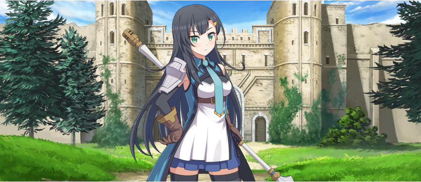 1girl armor armpits bare_shoulders belt belt_around_waist black_hair black_sleeves black_thighhighs blue_necktie blue_skirt breasts brown_belt brown_gloves closed_mouth detached_sleeves game_cg gate gloves green_eyes hair_ornament hairclip hand_on_own_hip highres holding holding_polearm holding_weapon kono_subarashii_sekai_ni_shukufuku_wo! konosuba!_fantastic_days lia_(konosuba) light_blush long_hair looking_at_viewer medium_breasts necktie official_art outdoors polearm shirt shoulder_armor skirt sleeveless sleeveless_shirt solo spear thighhighs tree weapon white_shirt zettai_ryouiki