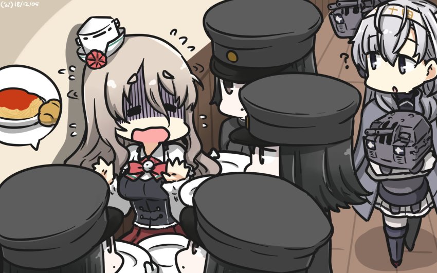 3girls 6+girls akitsu_maru_(kancolle) black_eyes black_hair blush bodysuit boots bow bowtie braid chou-10cm-hou-chan chou-10cm-hou-chan_(suzutsuki&#039;s) clone closed_mouth clothes_writing corset food french_braid gloves grey_hair grey_jacket hachimaki hair_between_eyes hair_flaps hamu_koutarou hat headband highres jacket kantai_collection long_hair military military_uniform mini_hat miniskirt multiple_girls one-hour_drawing_challenge one_side_up open_mouth pale_skin pasta peaked_cap plate pleated_skirt pola_(kancolle) red_skirt remodel_(kantai_collection) sailor_collar shirt short_hair skirt suzutsuki_(kancolle) wavy_hair white_bodysuit white_gloves white_neckwear white_shirt white_skirt