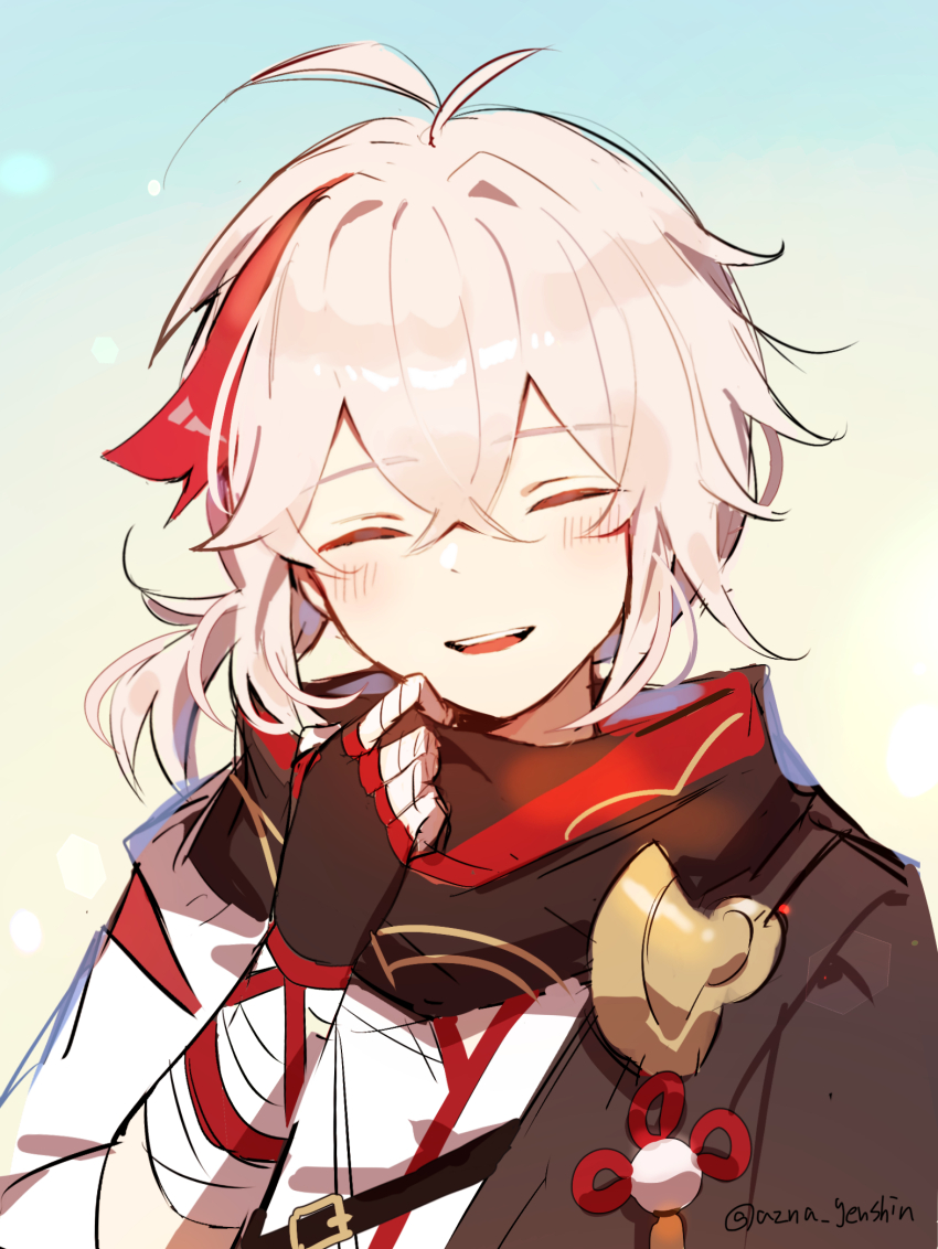 1boy azna bandaged_hand bandages black_gloves blush closed_eyes crossed_bangs facing_viewer genshin_impact gloves hair_between_eyes highres kaedehara_kazuha male_focus multicolored_hair parted_lips ponytail red_hair simple_background solo streaked_hair twitter_username upper_body white_hair