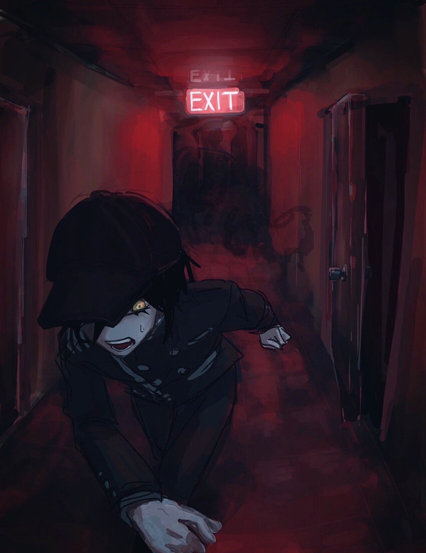 1boy aisle black_hair black_headwear black_jacket black_pants d: danganronpa_(series) danganronpa_v3:_killing_harmony exit_sign highres indoors jacket long_sleeves male_focus open_door open_mouth pants red_theme running saihara_shuichi seng_(nnnmi05) short_hair solo sweatdrop yellow_eyes