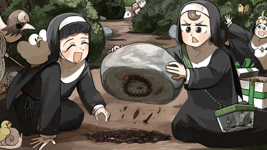 5girls :d bird black_hair blonde_hair blue_eyes brown_hair bug bush butterfly chicken closed_eyes clumsy_nun_(diva) cockroach commentary curly_nun_(diva) diva_(hyxpk) duck duckling earthworm english_commentary froggy_nun_(diva) gift grey_hair highres insect ladybug lifting_object little_nuns_(diva) mole_(animal) moth multiple_girls nun open_mouth ostrich rock sheep_nun_(diva) shy_nun_(diva) smile snail traditional_nun triangle_mouth