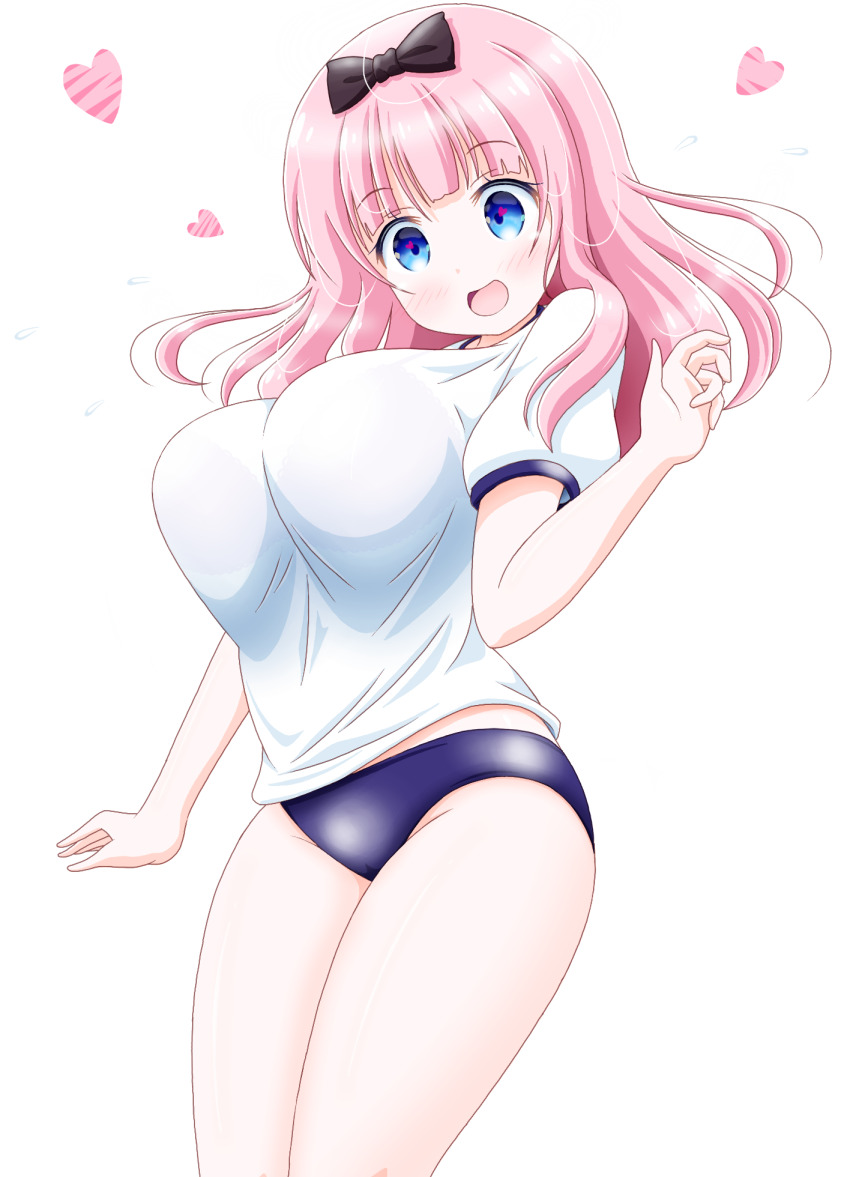 1girl :o black_bow blue_eyes blush bow bra breasts buruma fujiwara_chika heart highres imai_kazunari kaguya-sama_wa_kokurasetai_~tensai-tachi_no_renai_zunousen~ large_breasts see-through_clothes see-through_shirt shirt short_sleeves underwear white_background