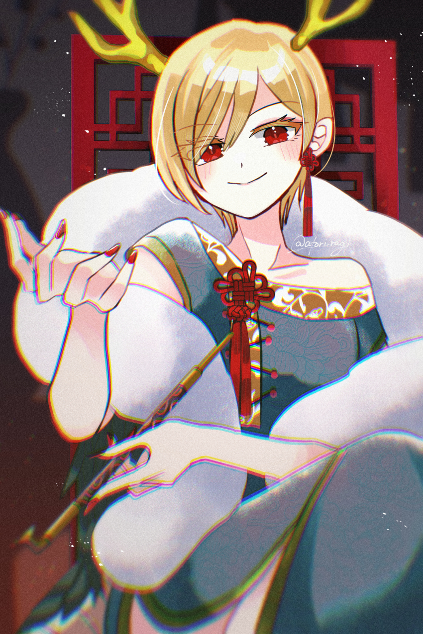 1girl alternate_costume antlers blonde_hair blue_dress blurry blush china_dress chinese_clothes closed_mouth collarbone commentary_request dragon_girl dragon_horns dragon_tail dress earrings green_scales highres holding holding_smoking_pipe horns jewelry katsuragi_atori kicchou_yachie kiseru looking_at_viewer red_eyes red_nails short_hair short_sleeves side_slit smile smoking_pipe solo tail touhou turtle_shell twitter_username yellow_horns