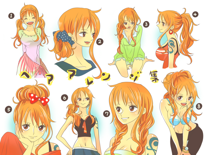 1girl alternate_costume alternate_hairstyle bangle bent_over bikini bikini_top_only blush bracelet braid breasts breasts_squeezed_together brown_eyes cleavage closed_eyes cowboy_shot cropped_torso crown_braid earrings from_side frown hair_bun hand_on_own_hip highres himerinco jewelry large_breasts log_pose long_hair lowleg lowleg_skirt midriff multiple_persona multiple_views nami_(one_piece) narrow_waist off_shoulder one_piece orange_hair ponytail short_twintails simple_background single_hair_bun skirt smile standing swimsuit tank_top tattoo tears teeth twin_braids twintails upper_teeth_only v-neck wavy_hair white_background wide_hips