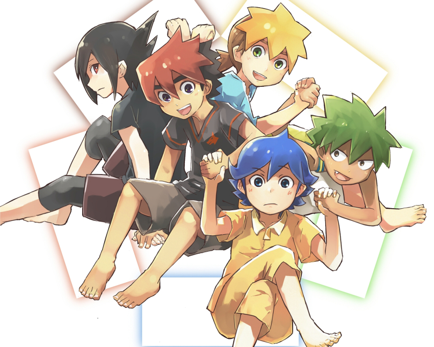 5boys :d barefoot black_hair black_shirt black_shorts blonde_hair blue_eyes blue_hair blue_shirt blush brown_hair brown_shorts ceylan_jones crossed_legs dark-skinned_male dark_skin fang frown geetgeet green_eyes green_hair grey_shorts guren_nash highres holding_hands inukai_gen kameyama_tokusa male_focus mason_chooki multicolored_hair multiple_boys open_mouth red_eyes red_hair shirt shorts simple_background sitting smile spiked_hair tenkai_knights two-tone_hair white_background yellow_shirt