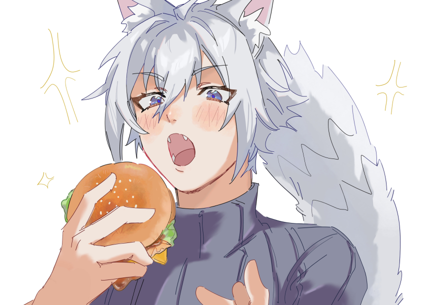 1boy animal_ears blue_eyes blush burger cat_boy cat_ears cat_tail food hair_between_eyes hand_up highres holding holding_burger holding_food open_mouth seth_lowell simple_background tail white_background white_hair zenless_zone_zero