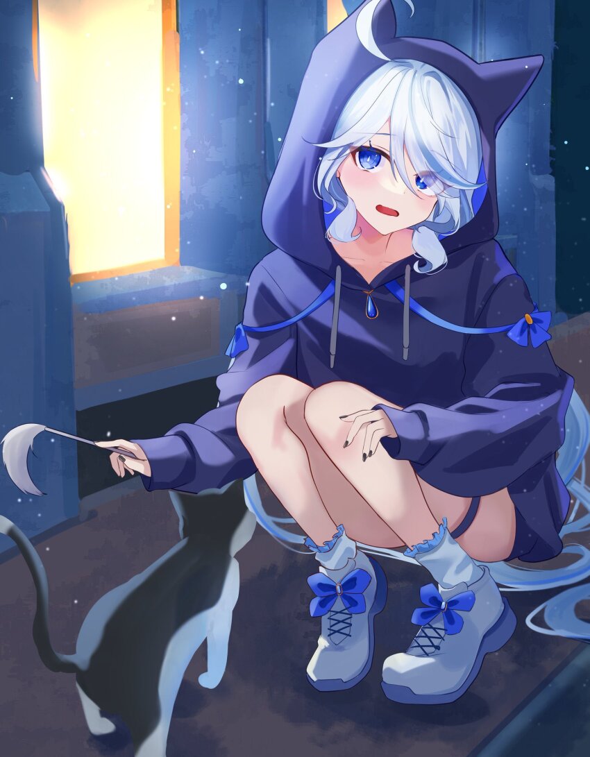 1girl 1other black_hoodie black_nails blue_eyes blue_hair blush cat furina_(genshin_impact) genshin_impact hair_between_eyes highres holding hood hood_up hoodie long_hair long_sleeves looking_at_viewer marufus multicolored_hair open_mouth shoes sneakers squatting streaked_hair symbol-shaped_pupils white_hair white_sneakers