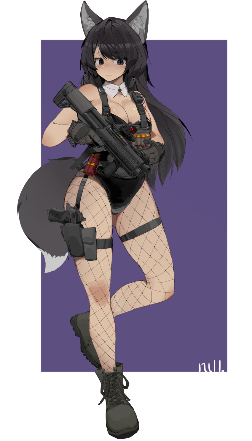 1girl absurdres animal_ears artist_name averting_eyes backless_leotard black_eyes black_footwear black_gloves black_hair black_leotard boots breasts bullpup cleavage collar commentary cross-laced_footwear detached_collar fishnet_pantyhose fishnets full_body gloves gun handgun highres holding holding_gun holding_weapon holster holstered inset_border kel-tec_ksg leotard long_hair looking_at_viewer null_(user_zske3258) original pantyhose pump_action purple_background shotgun shotgun_shell simple_background skindentation symbol-only_commentary tail thigh_holster two-tone_background weapon weapon_request white_background white_collar