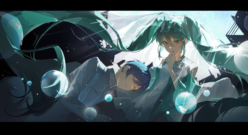 1boy 1girl absurdres aqua_background aqua_dress aqua_eyes aqua_hair backlighting bare_shoulders blue_hair breasts bubble building closed_eyes clothing_cutout dress evillious_nendaiki false_smile fisheye flask hand_on_another&#039;s_head hatsune_miku highres holding holding_flask husband_and_wife huz_(a1438758295) implied_death kaito_(vocaloid) kaspar_blankenheim long_hair long_sleeves looking_at_viewer margarita_blankenheim medium_breasts narrow_waist nemurase_hime_kara_no_okurimono_(vocaloid) pale_skin poison shoulder_cutout sidelocks sideways_glance silhouette smile twintails very_long_hair vocaloid wide_sleeves