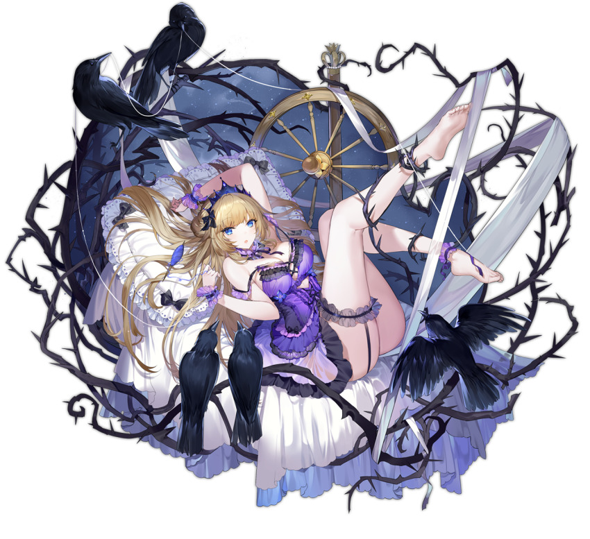 1girl ankle_cuffs ark_order babydoll bare_legs bare_shoulders barefoot bed_sheet bird black_bow blonde_hair blue_eyes bow breasts crow crown crystal flower frilled_thigh_strap full_body hair_bow hatoyama_itsuru large_breasts looking_at_viewer lying official_art on_back open_mouth pillow purple_babydoll rose sleeping_beauty_(ark_order) sleeping_beauty_(disney) sleeping_beauty_(fairy_tale) sleeping_beauty_(fairy_tale_character) solo spindle spinning_wheel tachi-e thigh_strap thorns transparent_background white_flower white_rose wrist_cuffs