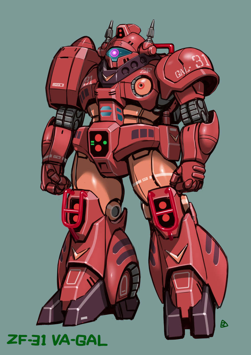 absurdres armor character_name clenched_hands commentary commentary_request cyclops energy_cannon glowing glowing_eye highres mecha megaro_zamac mercy_rabbit one-eyed original radio_antenna red_eyes retro_artstyle robot science_fiction sensor shoulder_armor signature simple_background solo visor zf-31_va-gal