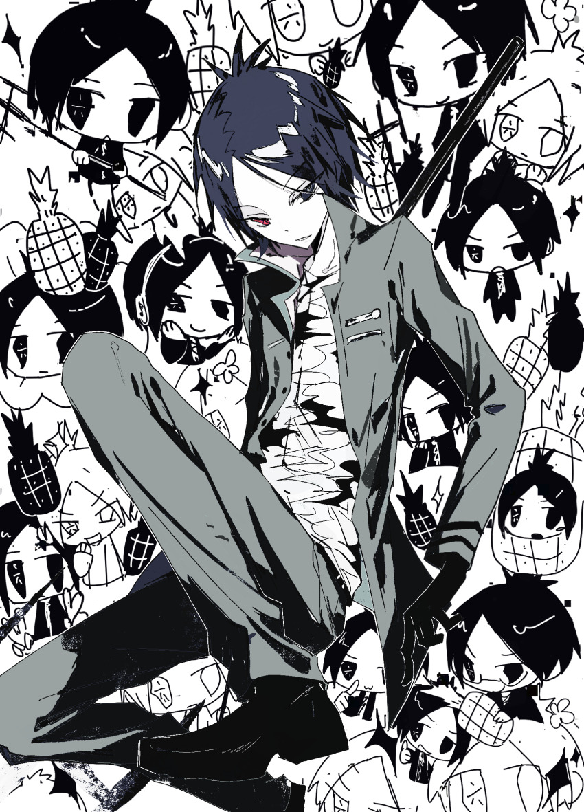 1boy absurdres black_eyes black_gloves black_hair black_shoes chibi chinese_commentary commentary_request fenfang71520 food fruit gloves grey_jacket grey_pants grey_shirt heterochromia highres jacket katekyo_hitman_reborn! male_focus multiple_views open_clothes open_jacket pants parted_bangs parted_lips pineapple red_eyes rokudou_mukuro shirt shoes short_hair