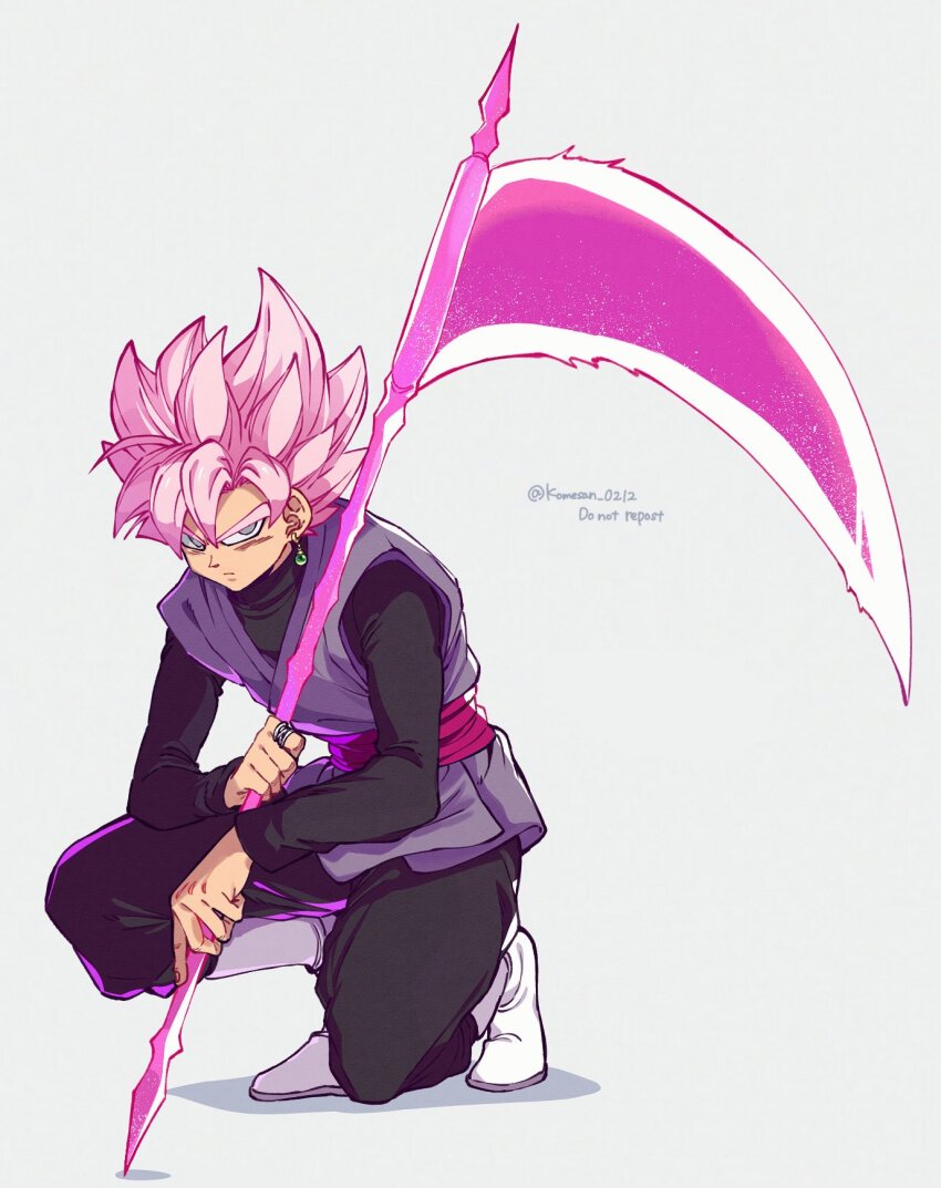 1boy black_pants black_shirt boots dougi dragon_ball dragon_ball_super earrings energy_blade full_body goku_black grey_eyes grey_tunic highres holding holding_scythe jewelry komesan_0212 male_focus medium_hair pants pink_hair potara_earrings scythe shirt solo spiked_hair super_saiyan super_saiyan_rose tunic white_boots