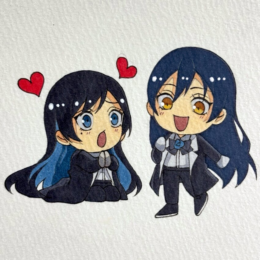 2girls ado_(utaite) black_bow black_bowtie black_coat black_pants blue_eyes blue_hair blush bow bowtie chando_(ado) chando_(ado)_(cosplay) coat colored_inner_hair commentary_request cosplay heart highres keeko_(kk_0012) long_hair love_live! love_live!_school_idol_project mole mole_under_eye multicolored_hair multiple_girls open_mouth own_hands_together pants shirt sonoda_umi white_shirt yellow_eyes