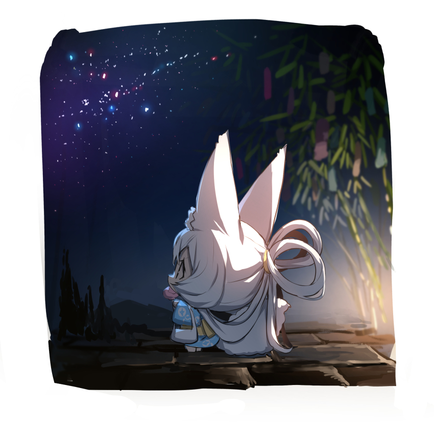 1girl absurdly_long_hair absurdres animal_ear_fluff animal_ears barefoot blue_kimono chibi commentary_request fox_ears fox_girl fox_tail highres japanese_clothes kimono long_hair long_sleeves night night_sky obi original outdoors profile sash sky solo standing star_(sky) starry_sky tail tanabata tanzaku very_long_hair white_hair wide_sleeves yuuji_(yukimimi)