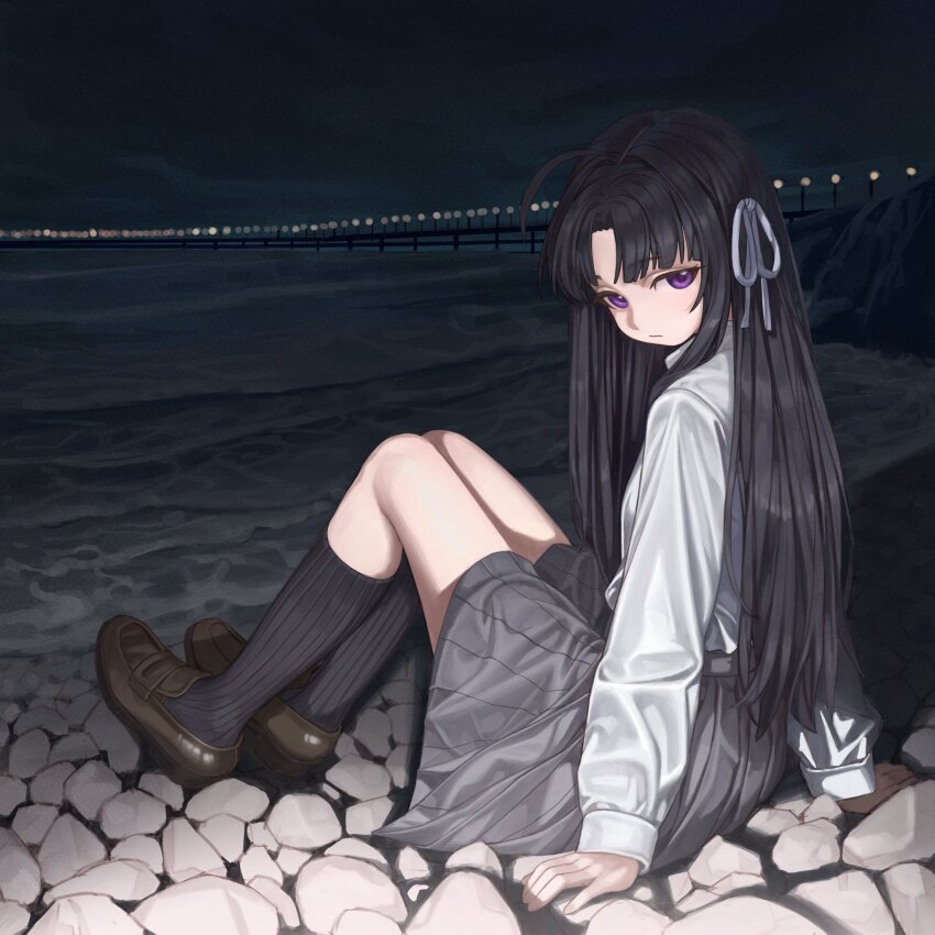 1girl ahoge awa_subaru black_hair black_socks bridge brown_shoes closed_mouth commentary girls_band_cry grey_skirt hair_ribbon highres kneehighs loafers long_hair long_sleeves looking_at_viewer mole naruto_maki_(naruto05) night ocean outdoors parted_bangs pleated_skirt purple_eyes ribbon school shirt shoes sidelocks sitting skirt socks solo white_ribbon white_shirt
