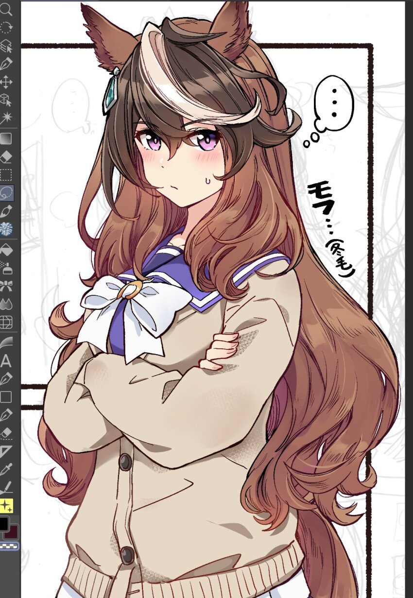 1girl animal_ears art_program_in_frame blush bow bowtie breasts brown_cardigan brown_hair cardigan closed_mouth crossed_arms earrings hair_between_eyes highres horse_ears horse_girl horse_tail ido_(teketeke) jewelry long_hair long_sleeves looking_at_viewer medium_breasts multicolored_hair purple_eyes purple_sailor_collar sailor_collar school_uniform shirt single_earring streaked_hair sweatdrop symboli_rudolf_(umamusume) tail tracen_school_uniform umamusume upper_body white_bow white_bowtie white_hair white_sailor_collar