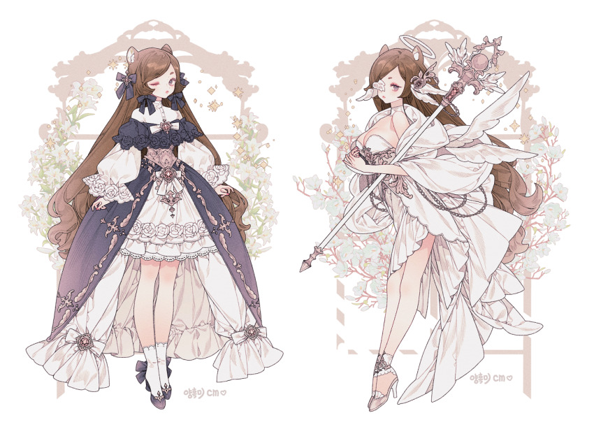 1girl alternate_costume animal_ear_fluff animal_ears anklet bare_shoulders blue_dress blue_eyes blue_ribbon blue_shoes bow breasts brown_hair cat_ears chain cleavage collar commentary commission dress floral_background flower frilled_dress frills full_body gold_embroidery hair_ornament hair_ribbon halo high_heels holding holding_staff jewelry leg_bow lemon89h long_hair long_sleeves looking_at_viewer medium_breasts original parted_bangs purple_eyes ribbon ribbon_earrings rococo_movement shawl shoes staff standing very_long_hair white_bow white_dress white_flower white_shawl white_shoes wide_sleeves wings