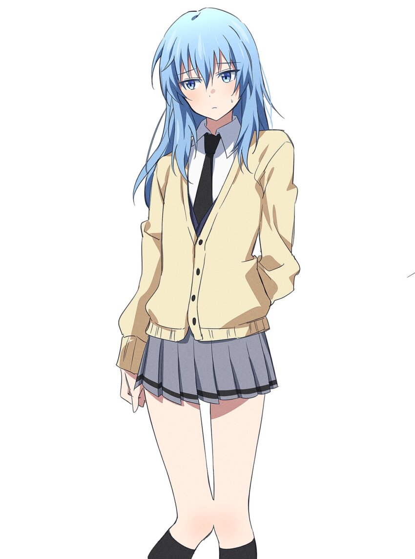 1boy ansatsu_kyoushitsu arm_behind_back averting_eyes black_necktie black_socks blue_eyes blue_hair blush cardigan closed_mouth collared_shirt crossdressing feet_out_of_frame frown grey_skirt hair_between_eyes hair_down highres kneehighs knees_together_feet_apart kunugigaoka_middle_school_uniform long_hair long_sleeves male_focus miniskirt necktie pleated_skirt raised_eyebrows school_uniform shiota_nagisa shirt simple_background skirt socks sweatdrop trap white_background white_shirt yellow_cardigan yur11