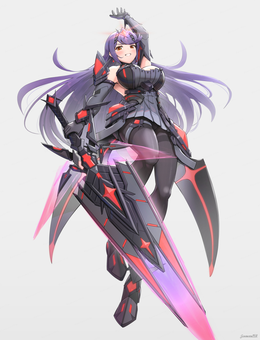 1girl absurdres aegis_sword_(xenoblade) arm_up black_pantyhose breasts cleavage_cutout clothing_cutout dress elbow_gloves full_body gloves gonzarez hand_up highres holding holding_sword holding_weapon large_breasts long_hair microdress mythra_(massive_melee)_(xenoblade) mythra_(xenoblade) nintendo official_alternate_color pantyhose purple_hair red_eyes simple_background smile solo super_smash_bros. sword thighband_pantyhose tiara very_long_hair weapon white_background xenoblade_chronicles_(series) xenoblade_chronicles_2