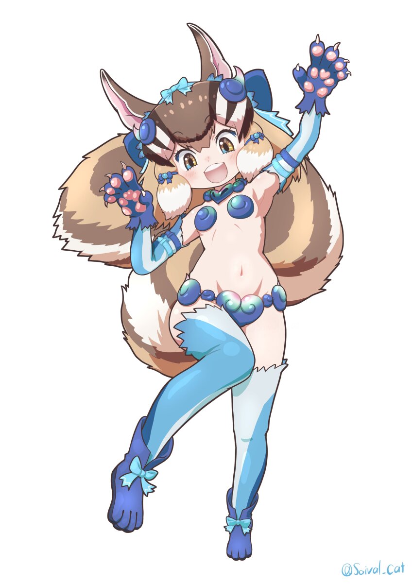 1girl absurdres alternate_costume animal_ears arm_up armpits bikini blue_bikini blue_ribbon boots brown_eyes brown_hair chipmunk_ears chipmunk_girl chipmunk_tail choker elbow_gloves extra_ears gloves highres kemono_friends kemono_friends_v_project looking_at_viewer navel ribbon saival_cat shiisaa_right short_hair siberian_chipmunk_(kemono_friends) simple_background solo swimsuit tail thighhighs virtual_youtuber