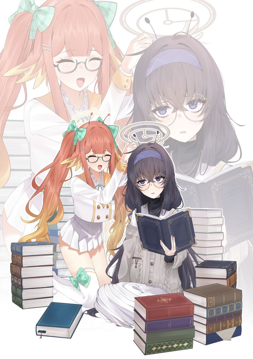 2girls absurdres bags_under_eyes black_undershirt blue_archive blue_hairband book book_stack brown_halo cardigan commentary_request feather_hair gingham gingham_bow glasses grey_cardigan hairband halo highres holding holding_book kneeling kowa_m9 long_hair multiple_girls orange_hair purple_hairband round_eyewear sailor_collar school_uniform serafuku shimiko_(blue_archive) sitting skirt smile twintails ui_(blue_archive) white_sailor_collar white_serafuku white_skirt yellow_halo yellow_sailor_collar zoom_layer