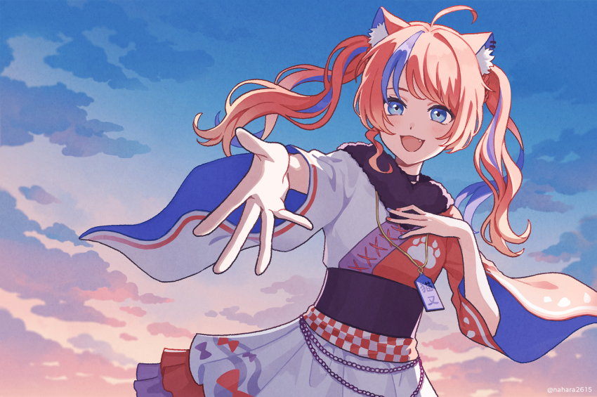 1girl ahoge animal_ear_fluff animal_ear_piercing animal_ears apron asymmetrical_sleeves black_choker blue_eyes blue_hair blue_nails blush braid cat_ears cat_girl chain checkered_clothes choker cloud cowboy_shot dawn dutch_angle fang frilled_skirt frills fur_collar gradient_hair hand_on_own_chest highres japanese_clothes kimono kimono_skirt layered_skirt long_hair long_sleeves looking_at_viewer mismatched_sleeves multicolored_hair multicolored_kimono multicolored_nails nahara_saki nail_polish nekomata nekoyashiki_miku nijisanji obi open_mouth orange_hair paw_print reaching reaching_towards_viewer red_hair red_kimono red_nails sash skirt sky smile solo standing streaked_hair twintails twintails_with_braided_base virtual_youtuber waist_apron white_apron white_kimono wide_sleeves