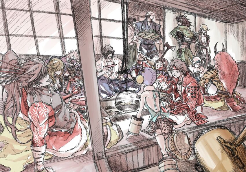 1other 3girls 6+boys :d ^_^ armor bandana basket black_hair blonde_hair braid brown_hair chousokabe_motochika_(sengoku_basara) closed_eyes cropped_jacket cup date_masamune_(sengoku_basara) earmuffs fake_horns grin hakama hakama_pants headband helmet highres holding holding_basket holding_cup holding_spoon horns itsuki_(sengoku_basara) jacket japanese_armor japanese_clothes kabuto_(helmet) kasuga_(sengoku_basara) katakura_kojuurou_(sengoku_basara) kobayakawa_hideaki_(sengoku_basara) long_hair maeda_keiji_(sengoku_basara) male_focus medium_hair multiple_boys multiple_girls o_o open_mouth pants ponytail porch purple_hair red_headband red_jacket saika_magoichi_(sengoku_basara) sakazuki sarutobi_sasuke_(sengoku_basara) sengoku_basara shibata_katsuie_(sengoku_basara) short_hair sleeveless smile spiked_hair spoon takeda_shingen_(sengoku_basara) twin_braids uesugi_kenshin_(sengoku_basara) white_bandana white_hair yoshihara_motoki