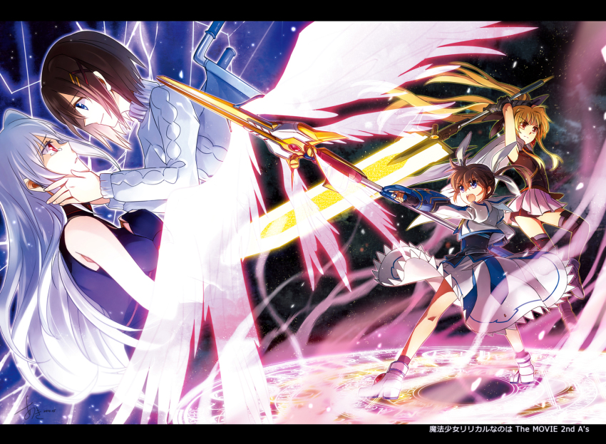 4girls aki_(neyuki41028) bardiche_(nanoha) bardiche_(zanber_form)_(nanoha) blonde_hair blue_eyes boots breasts brown_hair cape dress energy_sword fate_testarossa fate_testarossa_(blaze_form) fingerless_gloves gauntlets gloves hair_ornament letterboxed long_hair lyrical_nanoha magic_circle magical_girl mahou_shoujo_lyrical_nanoha mahou_shoujo_lyrical_nanoha_a&#039;s mahou_shoujo_lyrical_nanoha_the_movie_2nd_a&#039;s multiple_girls purple_eyes raising_heart raising_heart_(exelion_mode)_(2nd) red_eyes reinforce signature silver_hair skirt smile staff sweater sword takamachi_nanoha takamachi_nanoha_(exelion_mode) tears thighhighs turtleneck weapon wheelchair yagami_hayate