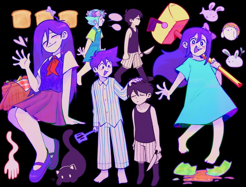 +_+ 2girls 3boys aubrey_(headspace)_(omori) aubrey_(omori) barefoot basil_(headspace)_(omori) basil_(omori) black_eyes black_tank_top blue_shirt bow bread bread_slice bun_bunny_(omori) cat closed_eyes closed_mouth colored_skin darmicy fish_bunny_(omori) food green_hair hair_bow hero_(headspace)_(omori) hero_(omori) highres holding holding_spatula long_hair long_sleeves looking_at_viewer mailbox_(incoming_mail) mari_(headspace)_(omori) mari_(omori) mewo multiple_boys multiple_girls neckerchief omori open_mouth picnic_basket pink_bow pleated_skirt purple_eyes purple_hair red_neckerchief red_skirt shirt short_hair short_sleeves skirt spatula sprout_bunny_(omori) tank_top teeth toast upper_teeth_only waving white_shirt white_skin