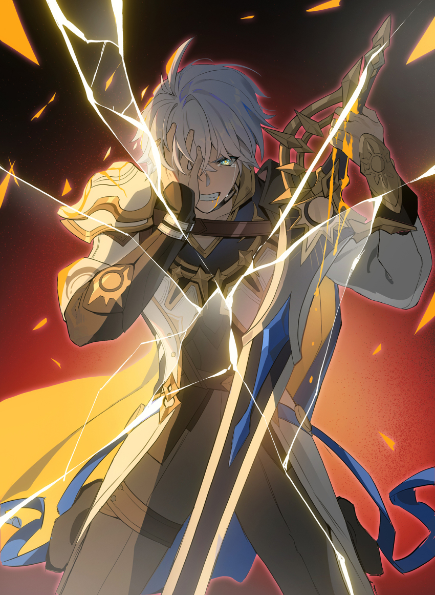 1boy angry antenna_hair armor black_choker black_pants black_shirt blue_cape blue_eyes cape chinese_commentary choker clenched_teeth coat commentary_request crack cracked_glass hand_on_own_face highres holding holding_sword holding_weapon honkai:_star_rail honkai_(series) male_focus pants parted_bangs pauldrons phainon_(honkai:_star_rail) shirt short_hair shoulder_armor single_pauldron solo sword tears teeth weapon white_coat white_hair yu1lan2